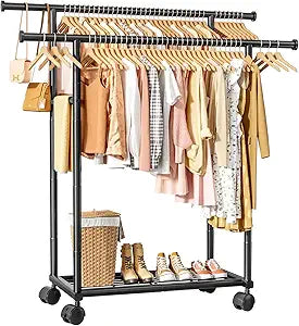 Sakugi Double Rods Clothes Rack - Metal Clothing Rack with Fixed Double Rods, Rolling Wheels & Built-In Shelf for Closet, Bedroom, Laundry Storage (39" x 17" x 60", Black)