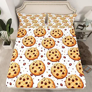 Erosebridal Chocolate Chip Cookies Bedding Set, Cartoon Dessert Flavours Pastry Bakery Food Design Sheet Set, Decorative 2 Piece Fitted Sheet with 1 Pillow Sham, Twin Size, Brown White