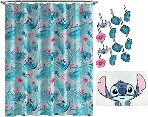 Jay Franco Disney Lilo & Stitch Floral Fun 14 Piece Bathroom Set - Includes Shower Curtain, 12 Hooks, & Non-Slip Bath Rug - Easy Care Fabric (Official Disney Product), Acrylic,Microfiber