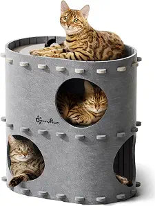 DownyPaws Cat House for Indoor Cats, 2-Storey Foldable Cat Bed Cave, Felt Cats Tunnel Bed Condo, Castle Kitten Cube Hideaway for Multicats, Scratch Resistant, Light Gray