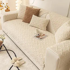 vctops Geometric Jacquard Plush Sofa Couch Covers Farmhouse Neutral Non Slip Sectional Couch Cover Soft Warm Sofa Slipcover for Dogs, Children, Pets Furniture Protector (Cream,28"x82")