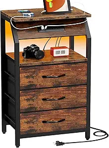 SZLHANJZ End Table with Charging Station, Nightstand with LED Lights and 3 Drawers, Small Night Stand with Fabric Storage, Retro Side Table for Bedside, Living Room Dorm, Rustic Brown