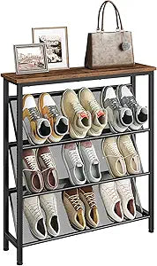 CHOEZON Shoe Rack, 4-Tier Slanted Shoe Storage Shelf, Narrow Shoe Rack for Entryway, Shoe Organizer with Adjustable Feet, Slim Shoe Shelf with Wooden Top and Metal Frame Rustic Brown and Black TXJ75BF
