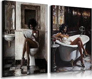 2pcs Black Women Bathroom Canvas Wall Art African American Bathroom Wall Decor Pictures Fashion Black Girl Reading Newspaper Posters Prints Paintings for Toilet Restroom Furniture Decoration