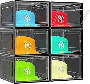 SCAVATA 6 Pack Hat Organizer Box, Stackable Clear Baseball Caps Holder Box Containers with Magnetic Door for Hats Snapback Cap Storag, Hat Rack Display Case, Holds 8 Hats Each (Black)