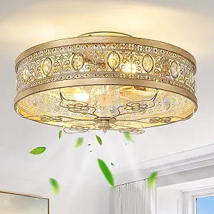 KAISITE Caged Ceiling Fan with Lights 19" Gold Vintage Rustic Crystal Fandelier Farmhouse Ceiling Fan with Remote Low Profile Bladeless Chandelier Fan Light Fixture for Bedroom Kitchen Living Room