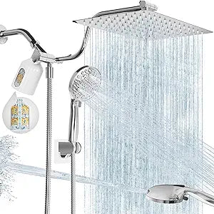 Filtered Shower Head with Handheld, 11.8" Rain Shower Head, High Pressure 10-Function Handheld Shower Head, with 13.6" Adjustable Shower Head Extension Arm, Shower Head Holder Adhesive (Chrome)