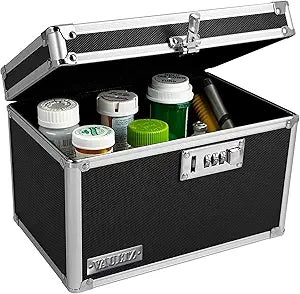 Vaultz Locking Medicine Box with Combination Lock - Secure Metal Lock Box Safe for Medication, Pills & Valuables, Small Lockbox with Code, Portable Storage Case, Black