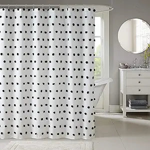 Madison Park Sophie Trendy Shower Curtain with Textured Pom-Poms Accent, Modern Bathroom Dcor, Machine Washable Bath Privacy Screen, 72 in x 72 in, Black/White