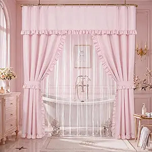 Redbaker 2 Pcs 70 x 72 Inch Double Swag Ruffled Shower Curtains Set with Waterproof Liner Peva Shower Curtain Boho Farmhouse Ruffled Swag Curtain with Rings Valance for Bathroom Home Decor(Pink)