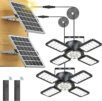 Solar Shed Light Outdoor Indoor Upgrade 1200LM 174LED 4 and 1 Heads Motion Sensor Pendant Light Daytime Work Light with 5 Lighting Modes Remote Control IP65 Waterproof for Barn Gazebo Shop 2 Pack