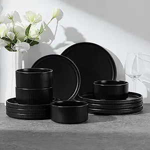 E-far 12-Piece Plates and Bowls Sets, Stoneware Dinnerware Dishes Sets for 4, Kitchen Modern Dining Dishware, Chip & Scratch Resistant, Microwave & Dishwasher Safe, Matte Black