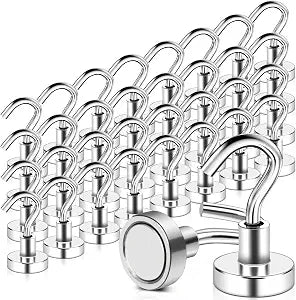 MAGXCENE 32 Pack Magnetic Hooks Heavy Duty, 25 lbs Strong Magnet Hooks for Cruise Refrigerator, Neodymium Magnets with Hooks for Grill Hanging Kitchen Tool Storage