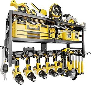 Power Tool Organizer Wall Mount Heavy Duty 320 lbs, 3 Layers Storage Rack with 9 Drill Holders & Battery Storage, cordless tool organizer for Garage, Workshop & Tool Room