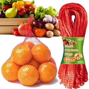 Sukh 90PCS Mesh Produce Bags - 24Inch Vegetable Storage Net Bags Red