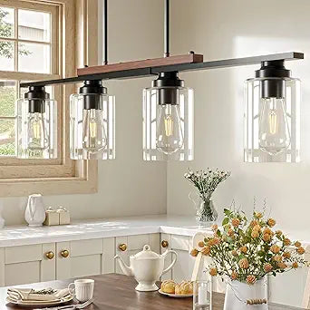 VONLUCE Dining Room Light Fixture Over Table, 4-Light Kitchen Island Lighting with Glass Shade and Adjustable Rods, Farmhouse Linear Chandelier Pendant Light for Kitchen Living Room, Matte Black