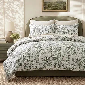 EverGrace 100% Cotton Sateen Duvet Cover Set King Size, 3 Piece Floral Toile Bedding Set, Pre-Washed Soft & Breathable, Button Closure with 2 Pillow Shams, Olive Green, 108"x92"