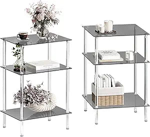 Tempered Glass Side Tables Set of 2 Acrylic End Table with 3 Storage Shelve transparent Bedside simplicity clear 3-Tier Nightstands for small Spaces Office Bedroom Living Room Study black ET-008BK3T