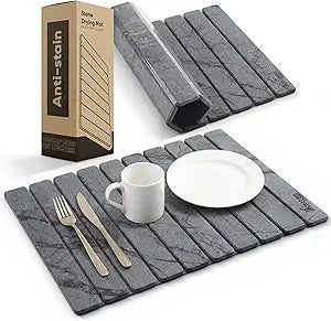Stone Drying Mat for Kitchen Counter 24"x15" - Large Diatomite Dish Drying Mat, Kitchen Drying Stone, Super Absorbent Quick Dry, Foldable Heat Resistant, Dark Grey Marble