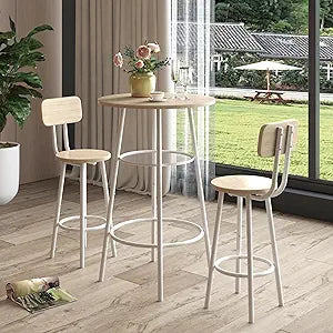 Bar Table with Stools, Counter Height Table and Chairs Set with Backrest 3 Pieces Kitchen Bar Small Table for Pub Dining Room, White Oak