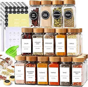 24-Piece Spice Jars Set by Le'raze: Glass Jars with Bamboo Lids, Labels & Funnel, Airtight Kitchen Storage