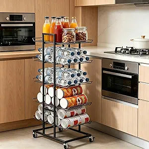Water Bottle Organizer 5 Tier Water Bottle Holder Freestanding Storage Rack with Wheels Metal Drink Beverage Soda Can Organizer Shelf Stand for Floor Pantry Kitchen Classroom Food Storage, Black