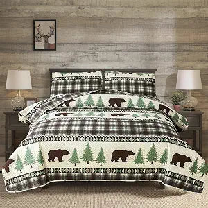 Rustic Bear Quilts Set King Size,Lightweight Plaid Bedspread Forest Tree Coverlet Lodge Cabin Bedding with Pillowshams (Beige Brown, King)