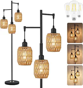 Boho Rattan Tree Floor Lamp, Black Dimmable Standing Lamp