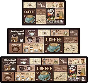 Coffee Kitchen Mats for Floor, 3 Pieces Non Slip Cushioned Kitchen Runner Rugs with Grid Design, Waterproof Comfort Mat Farmhouse Chef Runners Carpet for Sink, Bathroom