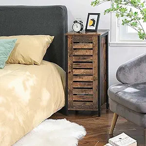 HYGRAD BUILT TO SURVIVE Wood/Steel Rustic Nightstand End Table  Shutter Door Shelf Storage Cabinet Industrial Narrow Side Table for Bedroom or Living Room Use