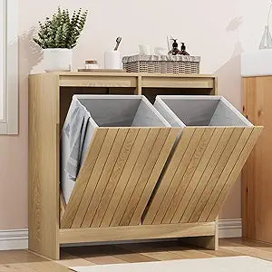Smuxee Double Tilt Out Laundry Hamper Cabinet, Hidden Laundry Cabinet with Double Baskets, Natural Trash Can for Bathroom, Kitchen, Living Room
