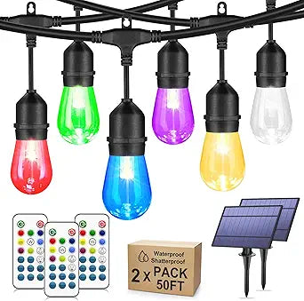 Larkvue 100FT(2x50FT) RGB Solar Outdoor String Lights with Remote, Multicolor&Warm White Dimmable Waterproof Patio Lights with 30 LED S14 Bulbs-Black