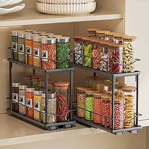 2 Packs Pull Out Spice Rack Organizer for Cabinet, 2-Tier Slide Out Seasoning Organizer, Narrow Cabinet Spice Rack, 10.7" Dx4.8 Wx8.85 H, Full Extension Ball Bearing Glides, Kitchen Pantry Organizer
