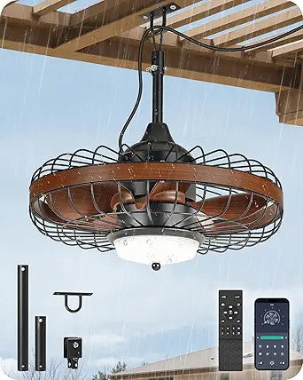 20" Outdoor Ceiling Fan with Light for Patio, Waterproof Gazebo Fan with Smart APP & Remote Control, 3CCT, Dimmable, 6 Speeds, Timer, Plug in Caged Ceiling Fan for Pergola, Porch, Brown XF01CF05