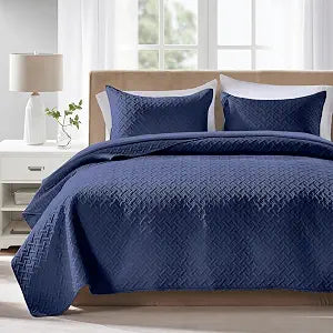 FLYMME Quilts Queen Size - Ultra Soft Navy Blue Quilt Lightweight Microfiber Bedspreads, Classic Basket Weave Pattern Bedspread Bed Coverlet 3 Pieces for All-Season (1 Quilt, 2 Pillow Shams)