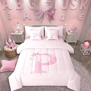 Erosebridal 7 Pcs Initial P Bedding Set Twin,Pink Bow Comforter Set