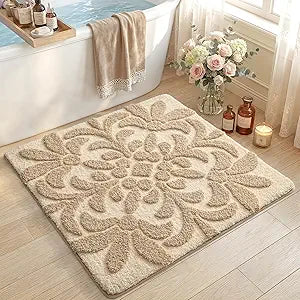 DEXI Floral Bathroom Rug, Square Bath Mat 31x31, Non Slip Washable Absorbent Soft Microfiber Bathmat, Flower Plant Bath Rugs for Shower Floor, Sink, Beige