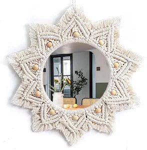 TENEWEE Boho Wall Decor White Macrame Round Hanging Mirror for Entryway