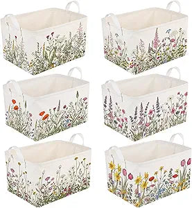 CHENGU 6 Pack Flower Storage Bins Collapsible Wildflower Baskets with Handles Large Multicolored Flower Basket Farmhouse Foldable Organizers Rustic Summer Home Decor for Spring Bedroom Office Home