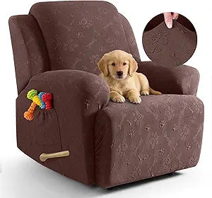 Ruaozz Recliner Chair Covers, 4-Pieces Recliner Cover Stretch Paw Bone Prints Reclining Chair Slipcovers Soft Furniture Protector with Pockets for Lazy Boy Recliner (1 Seat, Dark Coffee)