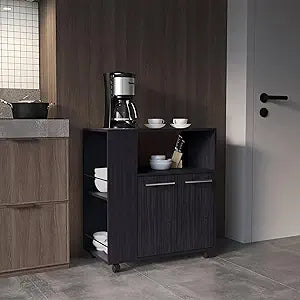 Tuhome Eldon Two-Door Kitchen Base Cabinet Cart with Four Shelves, Side Storage, Locking Casters, Mobile Microwave Stand, Kitchen Organizer for Small Appliances and Counter Space Expansion