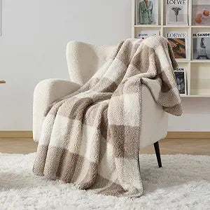 WEERRW Luxury Sherpa Throw Blanket for Couch Beds and Living Rooms, Buffalo Plaid Super Cozy Fluffy Reversible Thick Blanket, Khaki and White Checkered, 60" x 80"