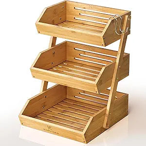 KOMFORA Bamboo Fruit Basket 3-Tier - Premium Produce Basket for Kitchen w/ 2 Hangers - Durable & Easy to Assemble Stand for Countertop - Perfect Holder for Vegetables, Bread, Snacks & More
