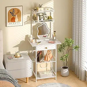 3IngSeagulls Small Vanity Desk Without Mirror, Makeup Vanity Table for Small Space, Compact White Dressing Table with Fabric Drawers, Makeup Vanity with Storage for Bedroom, White, 23.6inW