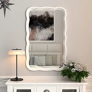 COZAYH Rustic Farmhouse Wall Mirror, 23.5 x 38 Rectangular Decorative Wall Mounted Mirror with Distressed Wood Frame & Curved Scallop Detail, White