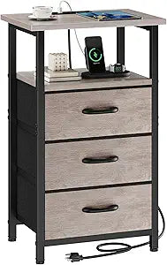 Vagusicc Nightstand with Charging Station, Bedside Table with USB Ports and Outlet, End Table Side Table with 3 Fabric Drawers and Storage Shelf, Bed Side Table Night Stand for Bedroom, Greige