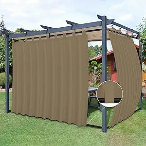 Easy-Going Outdoor Patio Curtains Detachable Tab Top Windproof Weatherproof Curtain for Cabana, Porch, Pergola and Gazebo, Tab Bottom Drape, 2 Panels, 110W x 120L inch, Khaki