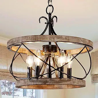 20" Farmhouse Chandelier, Rustic Drum Chandelier Light Fixture Over Table, 5-Light Pendent Light for Dining Room Vintage Wood Chandelier for Bedroom Hanging Lamp for Kitchen