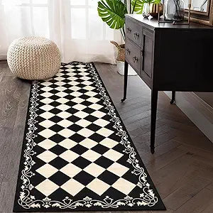 Beeiva Checkered Bathroom Runner Rug 2x6, Black and White Washable Runners for Hallways Non Slip, Moroccan Trellis 2x6 Rug for Besides Laundry Kitchen, Checkerboard Stain Resistant Bathroom Decor