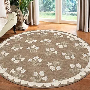 Tan Entryway Round Rug 4ft - Washable Boho Floral Neutral Farmhouse Scalloped Round Area Rug for Bedroom Non Slip Stain Resistant Circle Rugs for Living Room Kitchen Entryway Bathroom Nursery